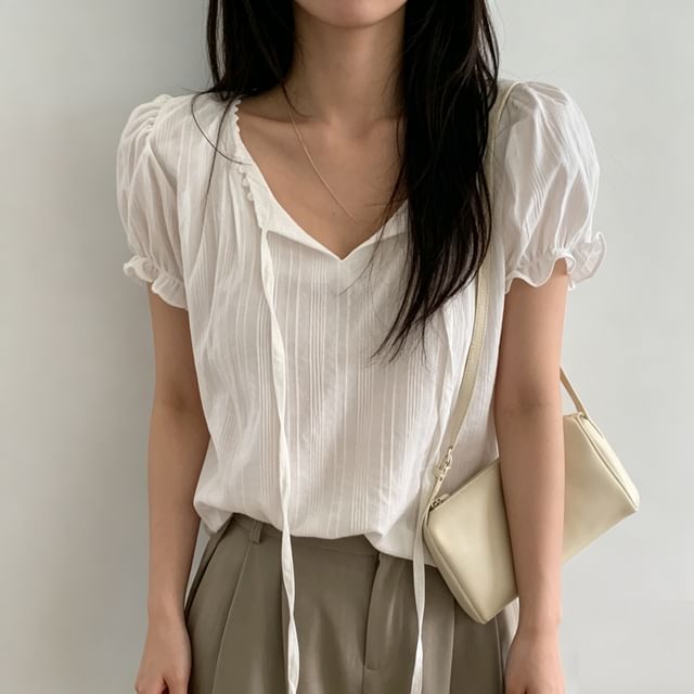 Voluminous V-Neck Striped Ruffled Blouse -