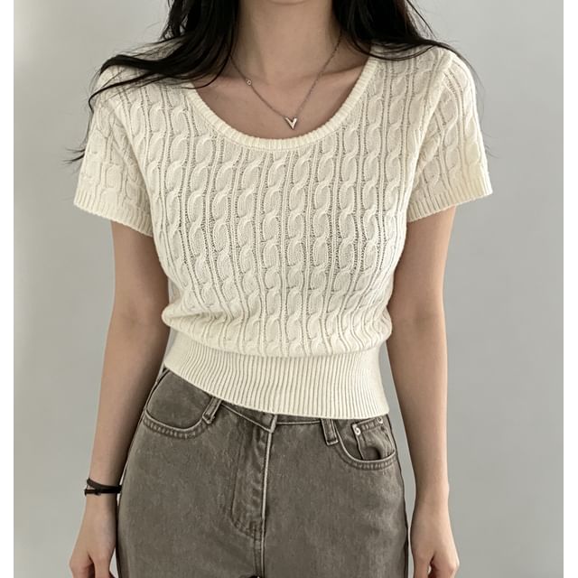 Cropped Cable-Knit Scoop Neck Tee -