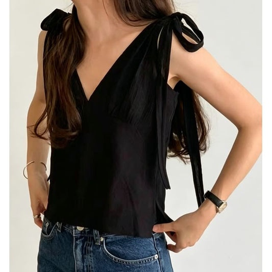 Slim-Fit V-Neck Tie-Strap Tank in Solid Hue