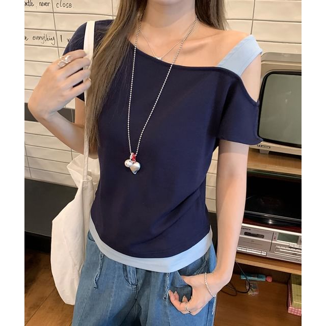 Color-Block Mock Two-Piece Fitted T-Shirt