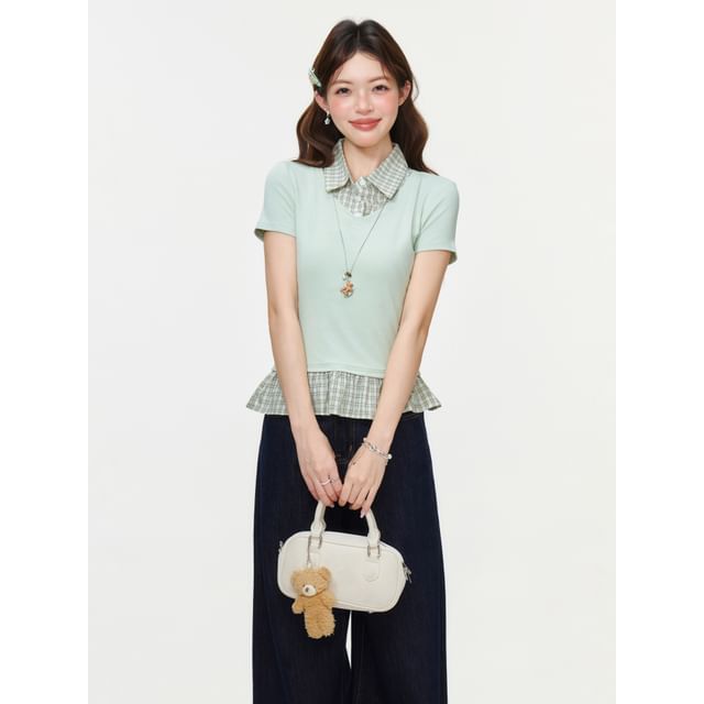 Plaid Panel Mock Two-Piece Ruffled Hem Top -