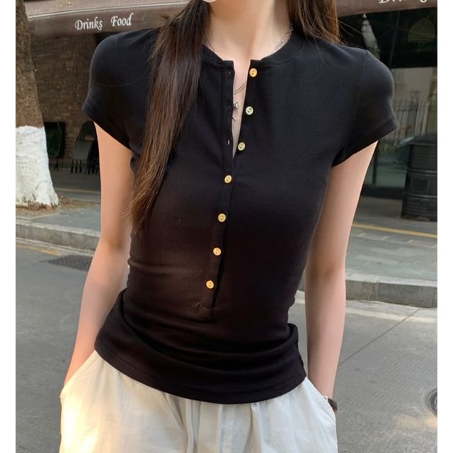 Button-Front Round Neck Fitted Tee -