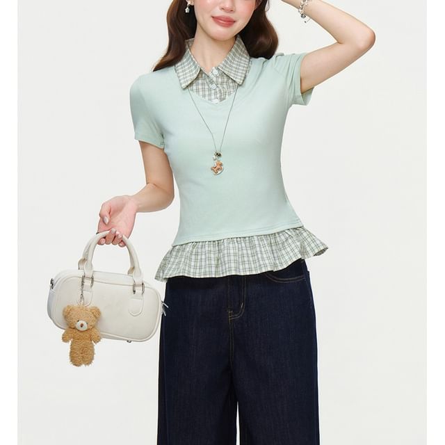 Plaid Panel Mock Two-Piece Ruffled Hem Top -