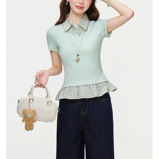 Plaid Panel Mock Two-Piece Ruffled Hem Top -
