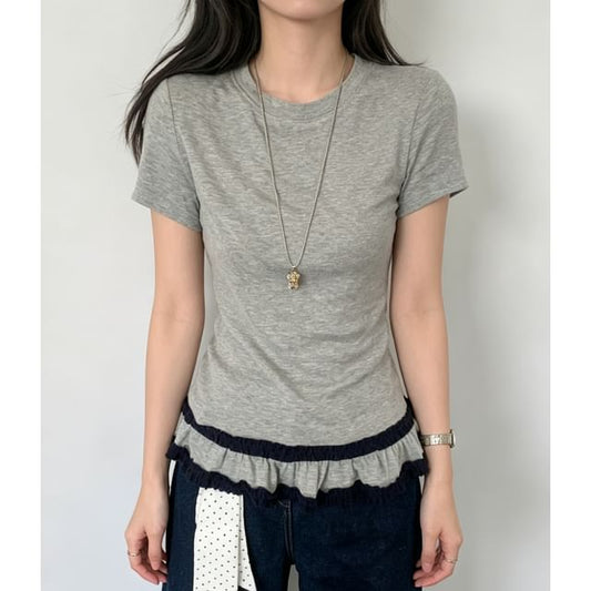Ruffled Hem Round Neck Tee -