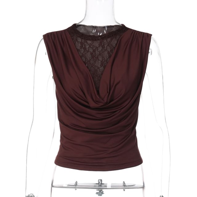 Ruched Cowl Neck Lace Trim Tank -