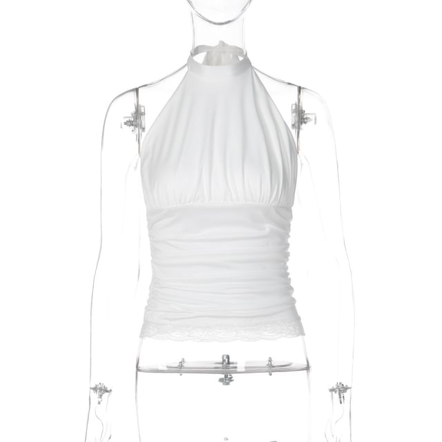 Lace-Trim Ruched Halter Crop Top -