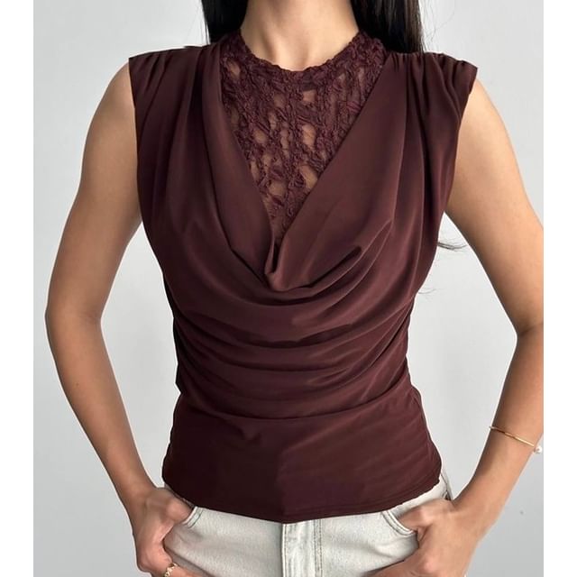 Ruched Cowl Neck Lace Trim Tank -