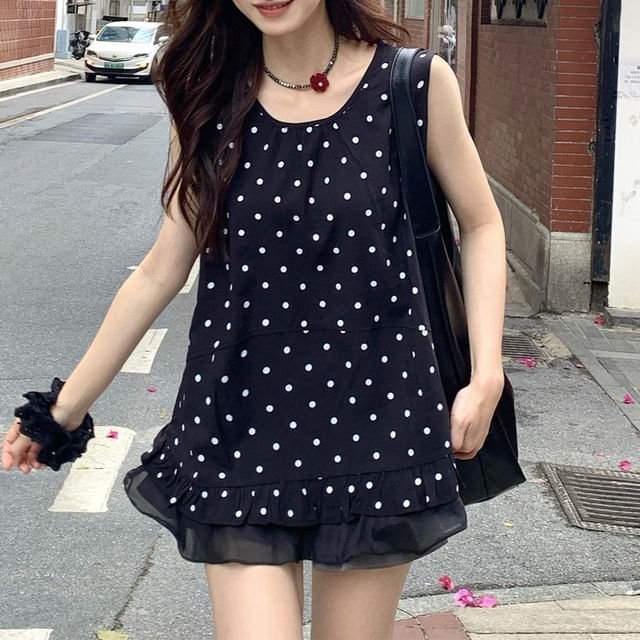 Polka Dot Ruffled Crew Neck Tank -