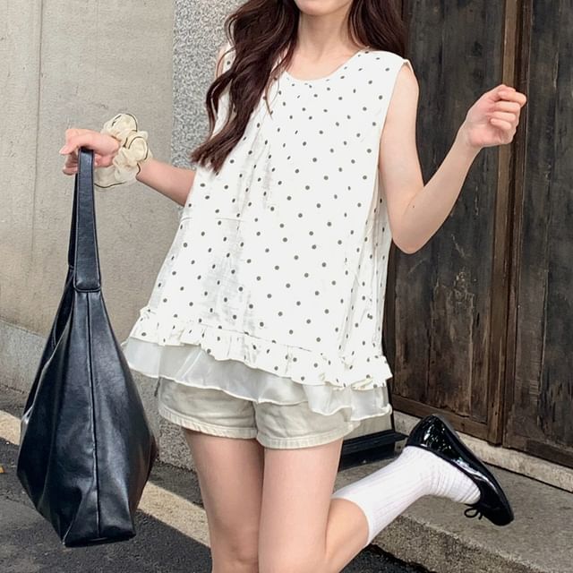 Polka Dot Ruffled Crew Neck Tank -