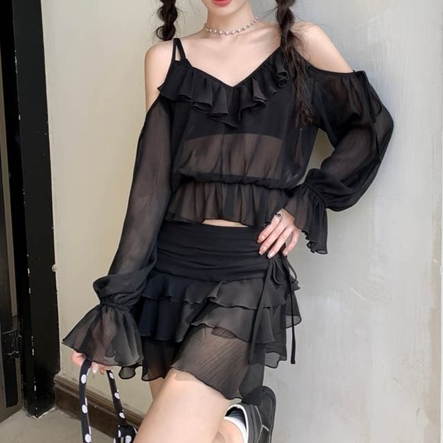 Sheer V-Neck Ruffle Blouse with High-Waist Tiered Skirt Set
