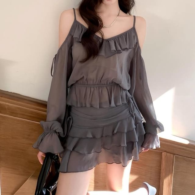 Sheer V-Neck Ruffle Blouse with High-Waist Tiered Skirt Set