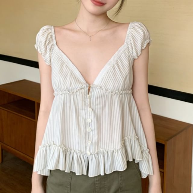 Puff-Sleeve Striped Button Blouse -