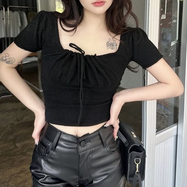 Ruched Square-Neck Short-Sleeve Knit Crop Top