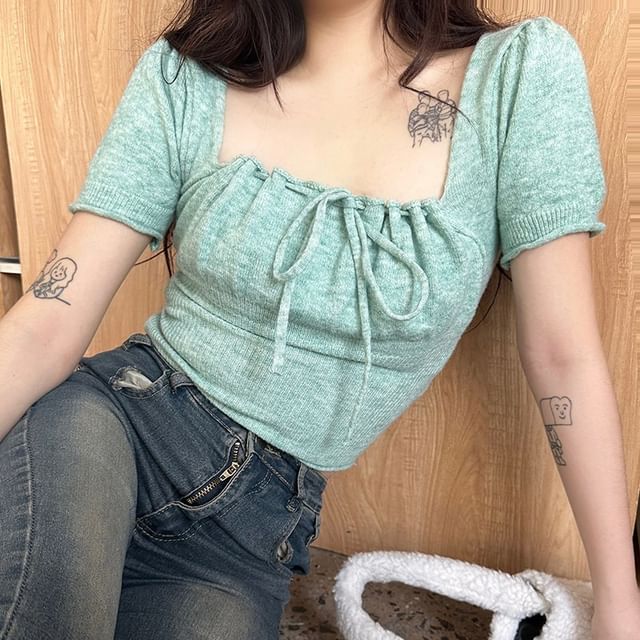 Ruched Square-Neck Short-Sleeve Knit Crop Top
