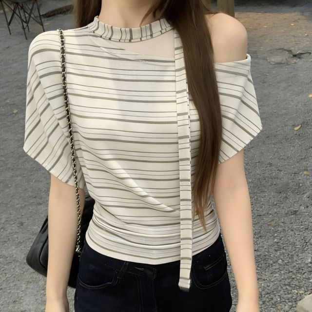 Off-Shoulder Striped Tee & Scarf Set -