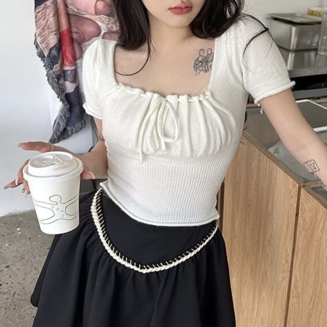 Ruched Square-Neck Short-Sleeve Knit Crop Top