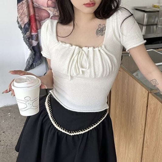 Ruched Square-Neck Short-Sleeve Knit Crop Top