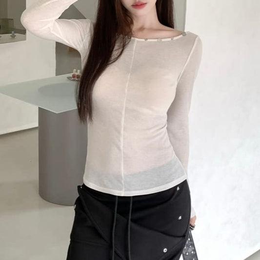 Sheer Boatneck Long-Sleeve Solid Top