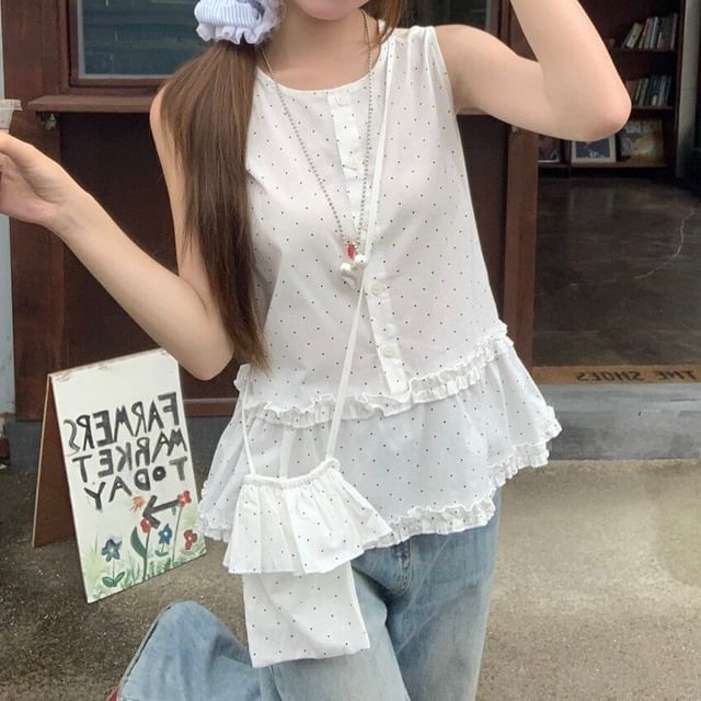 Dotted Frill-Trim Sleeveless Top