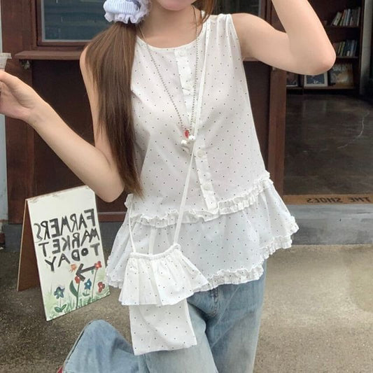 Dotted Frill-Trim Sleeveless Top