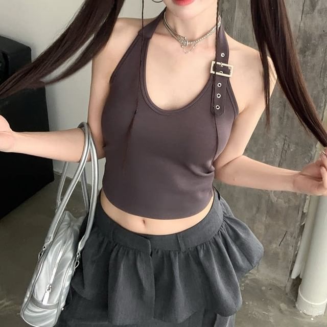 Buckled Halter Crop Top in Solid Color