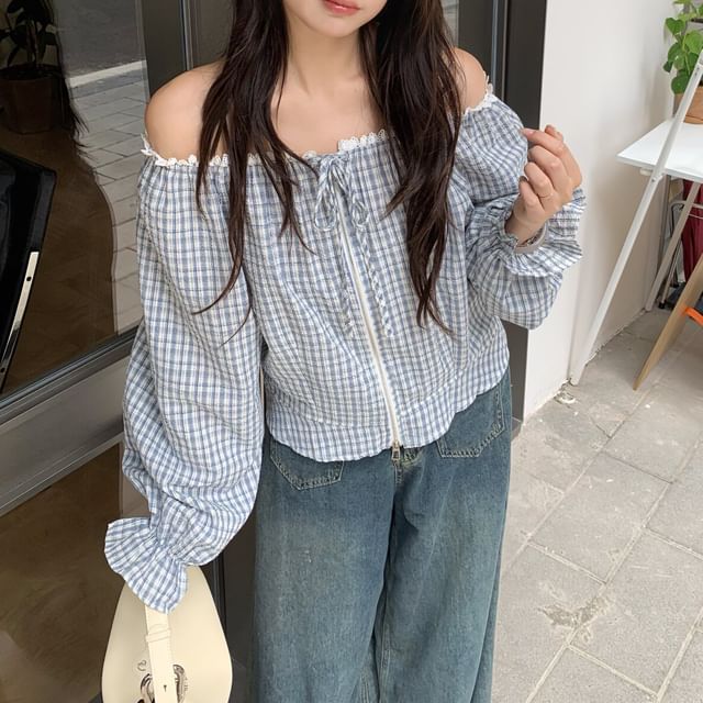 Plaid Round-Neck Zip Front Lace-Trim Long-Sleeve Top