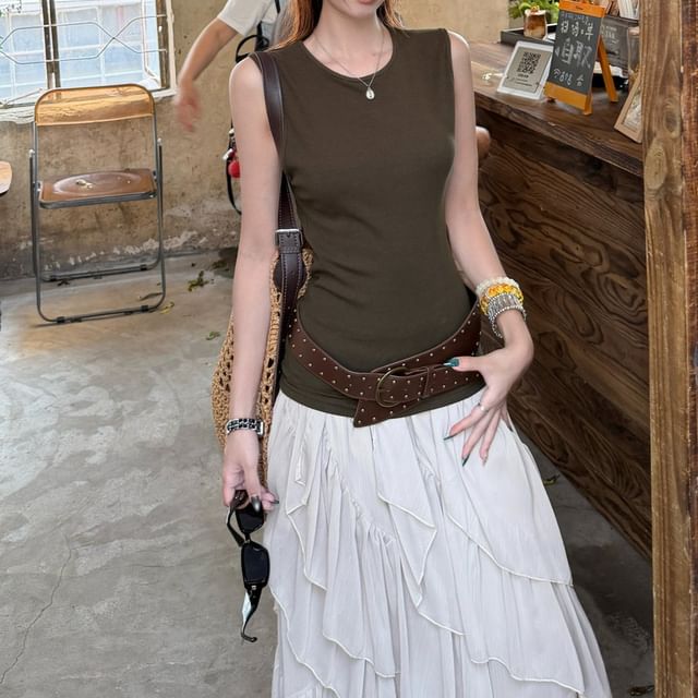 Cutout-Back Tank with Ruffle Maxi Skirt and Belt Set