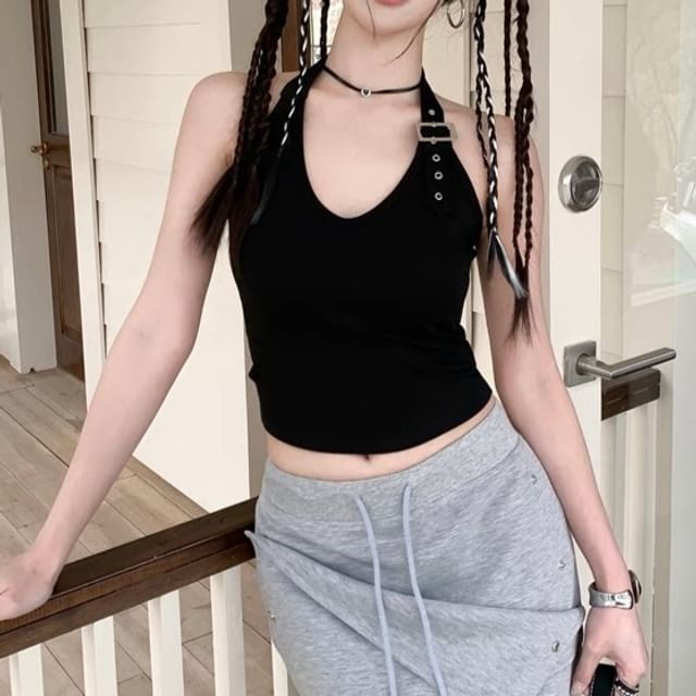 Buckled Halter Crop Top in Solid Color
