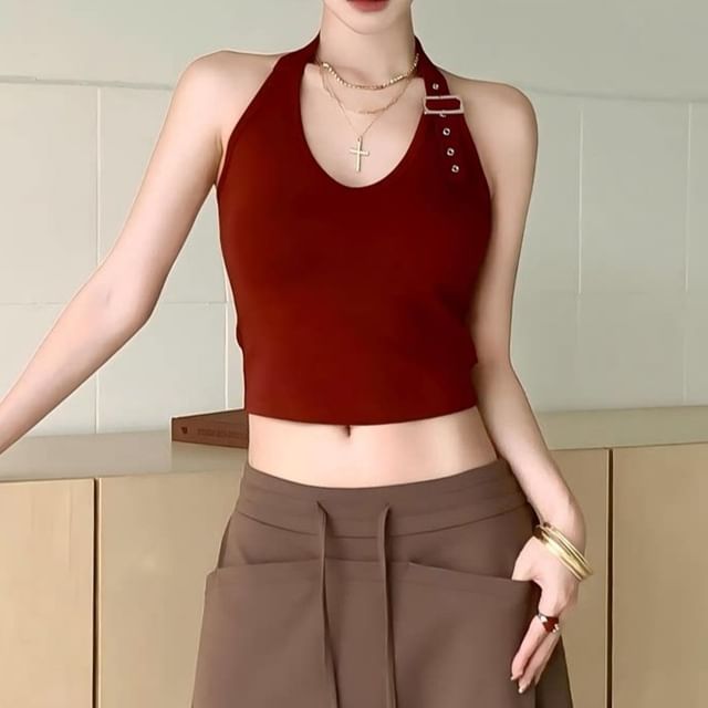 Buckled Halter Crop Top in Solid Color