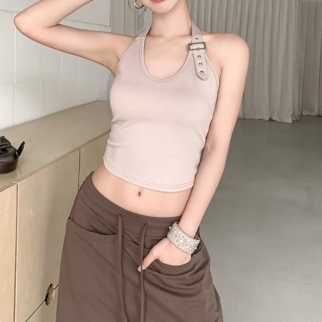Buckled Halter Crop Top in Solid Color