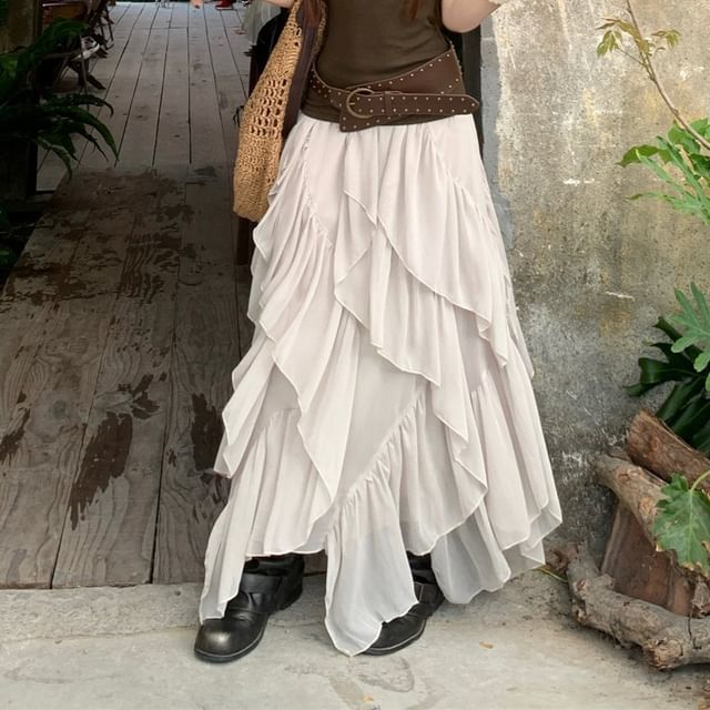 Cutout-Back Tank with Ruffle Maxi Skirt and Belt Set