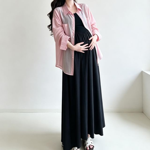 Versatile Maternity Shirt and Sleeveless Square Neck Maxi Dress