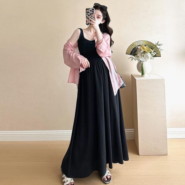 Versatile Maternity Shirt and Sleeveless Square Neck Maxi Dress