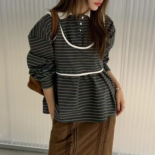 Striped Polo Shirt and Crop Tank Two-Piece Set