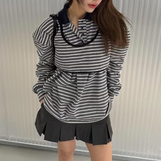Striped Polo Shirt and Crop Tank Two-Piece Set