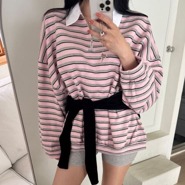 Striped Half-Zip Contrast-Collar Sweatshirt
