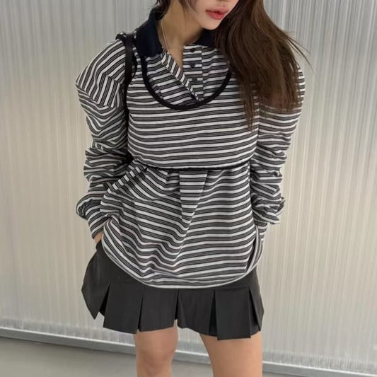 Striped Polo Shirt and Crop Tank Two-Piece Set