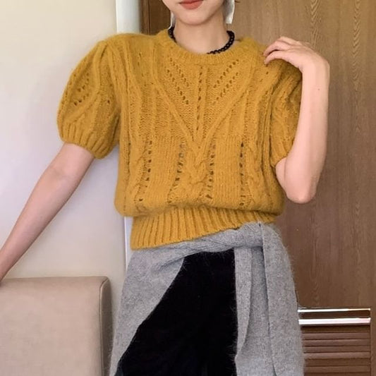 Perforated Puff-Sleeve Crew-Neck Knit Top