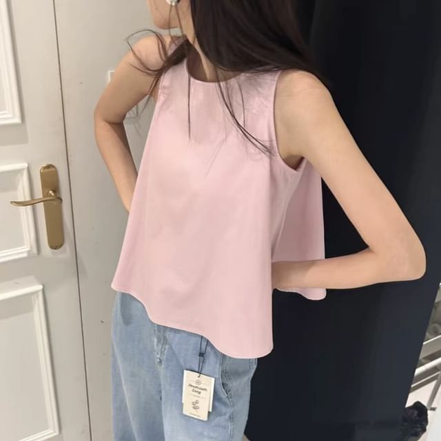 Solid Crew-Neck Sleeveless Crop Tank