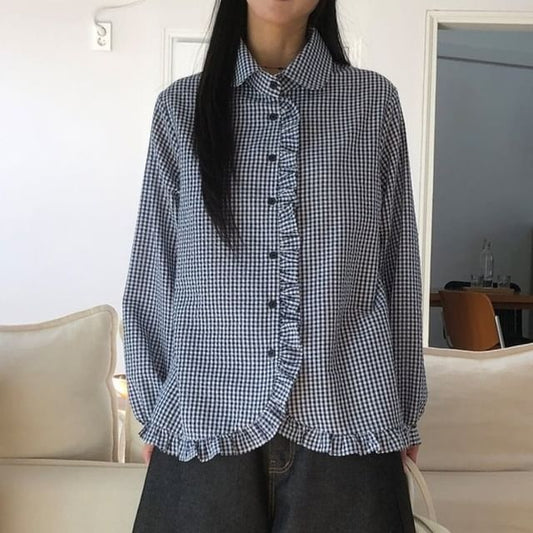 Gingham Peter Pan Collar Long-Sleeve Button Shirt