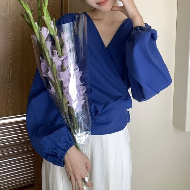 Wrap-Style V-Neck Long-Sleeve Tie-Waist Blouse