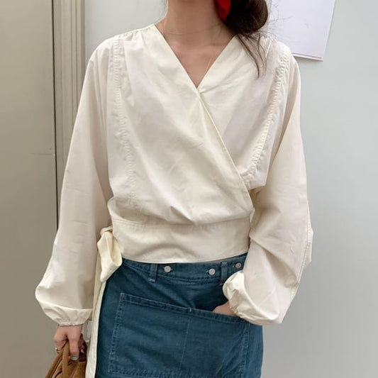 Wrap-Style V-Neck Long-Sleeve Tie-Waist Blouse