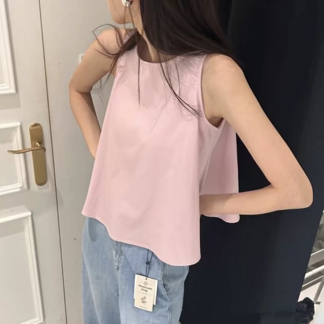 Solid Crew-Neck Sleeveless Crop Tank