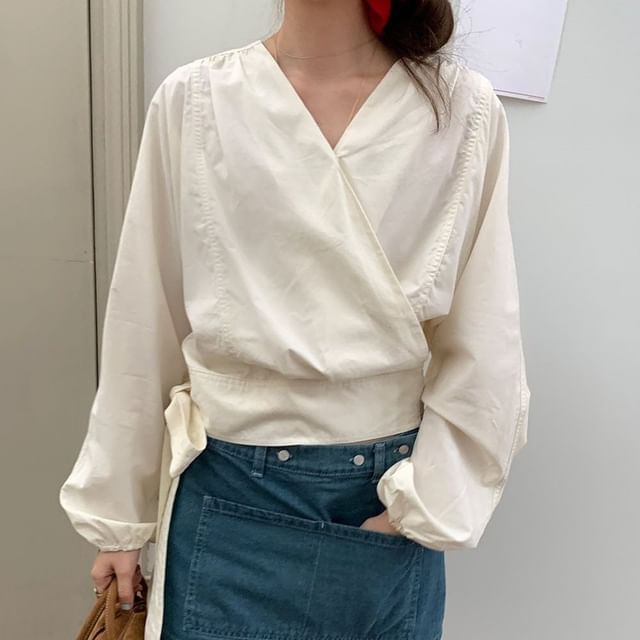 Wrap-Style V-Neck Long-Sleeve Tie-Waist Blouse