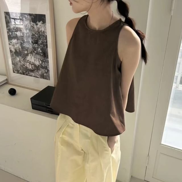 Solid Crew-Neck Sleeveless Crop Tank