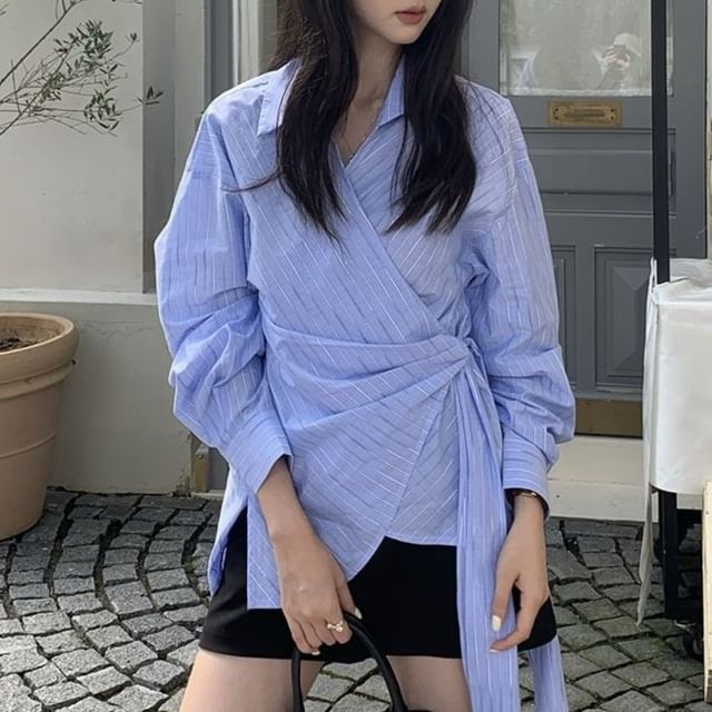 Asymmetric Collared Striped Wrap Blouse with Tie Waist