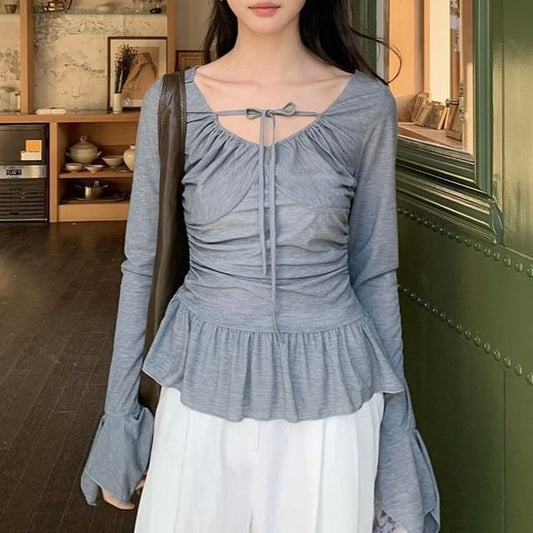 Ruched Halter-Neck Long-Sleeve Ruffle-Hem Tee