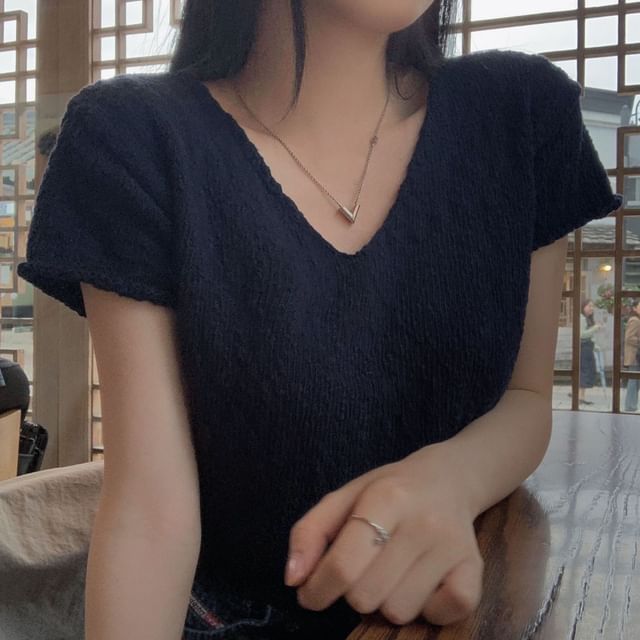 Solid V-Neck Short-Sleeve Knit Crop Top