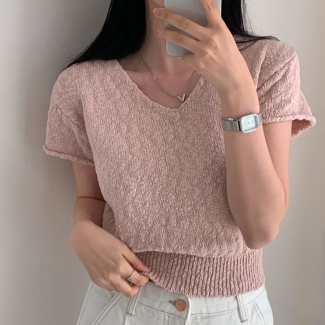 Solid V-Neck Short-Sleeve Knit Crop Top